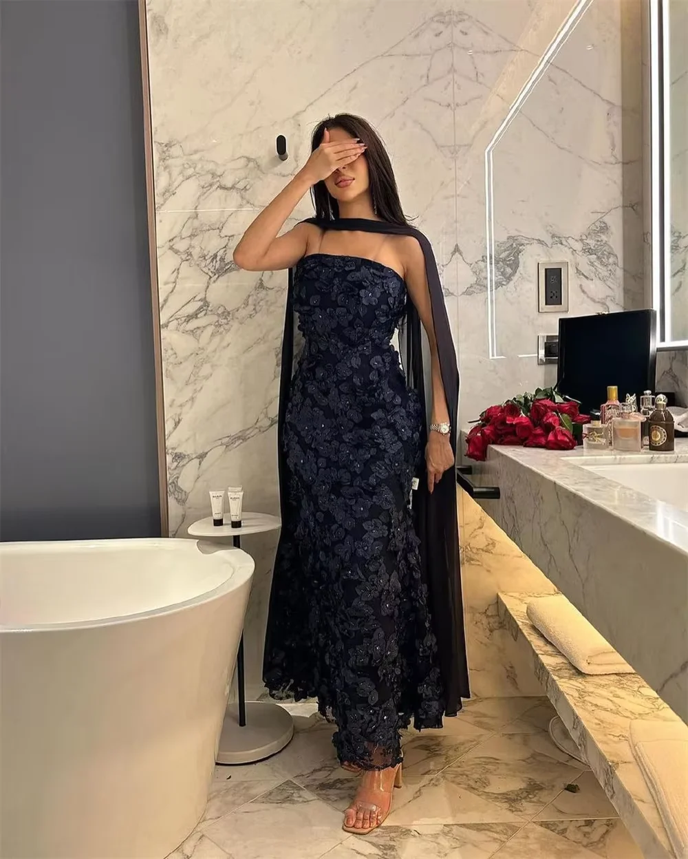 

Customized Women Evening Dresses 3D Lace Flower Strapless Mermaid Celebrity Party Dress Dubai Arab فساتين للمناسبات الخاصة