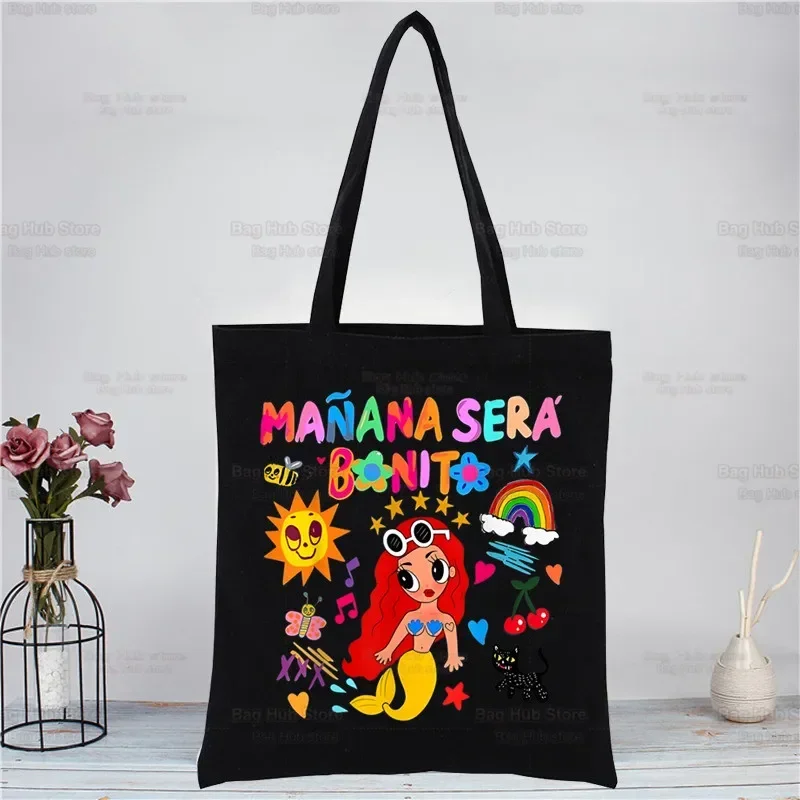 Karol G Bichota Manana Sera Bonito Music Singer Shopping Black Canvas Tote Bag Cartoon Reusable Cloth Bag Handbag Shoulder Bags