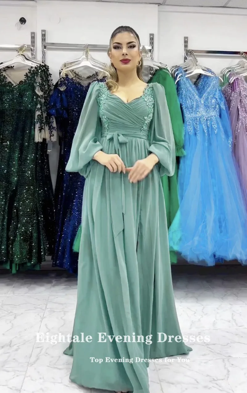 Eightale New in Evening Dress V-Neck Appliques Beaded Long Sleeves Chiffon A-Line Arabic Formal Prom Party Gowns Robes De Soirée