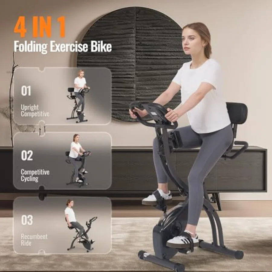 Folding Exercise Bike for Home Workout with 10 Level Adjustable Magnetic Resistance and Arm Resistance Band LCD Display Support