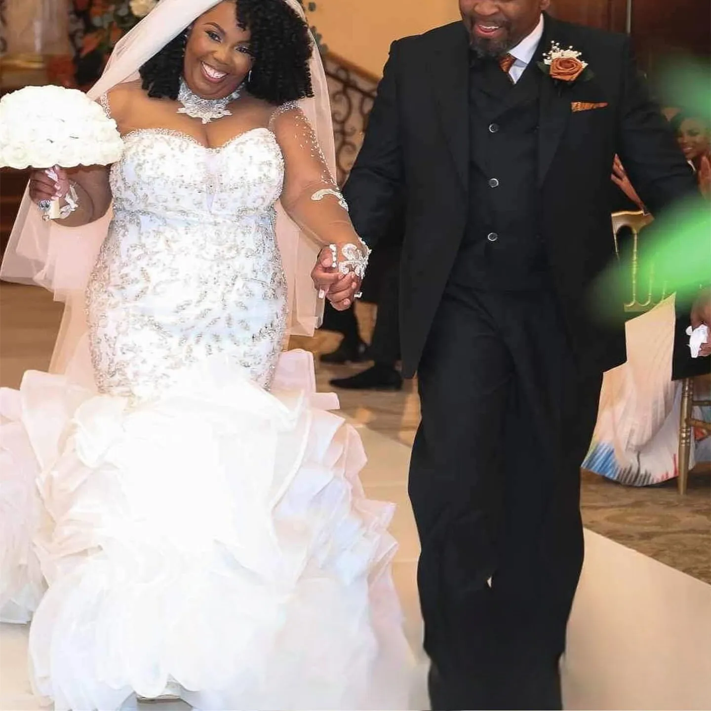 Personalizado alta pescoço brilhante contas rendas sereia vestido de casamento robe mariée mangas compridas em cascata babados espartilho volta vestido de noiva