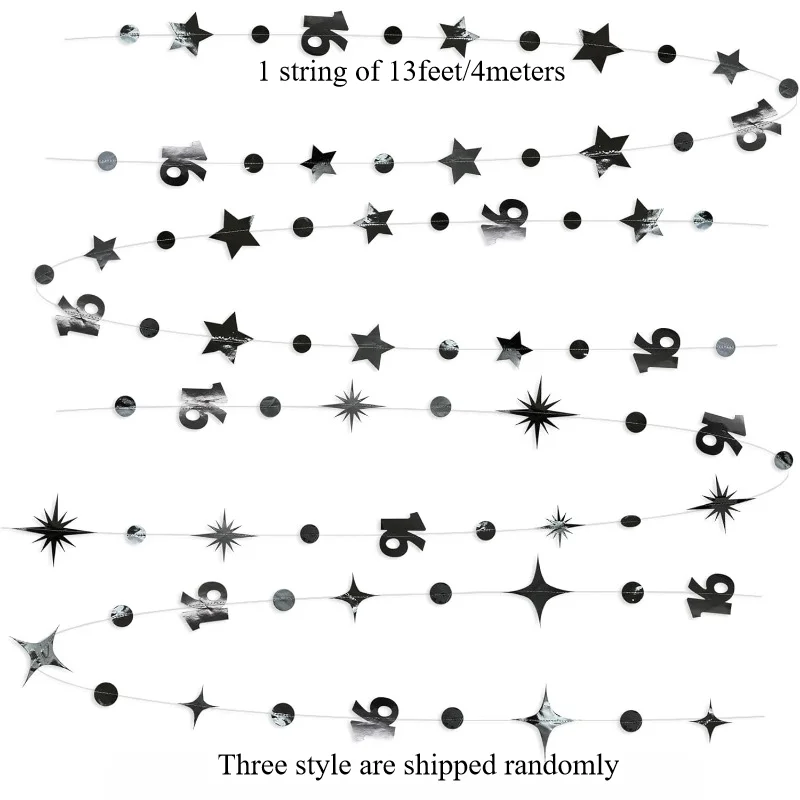 Black Number 16 Circle Dots Twinkle Star Garland Banner Backdrop Decorations for Girls Boys 16th Birthday Anniversary Party