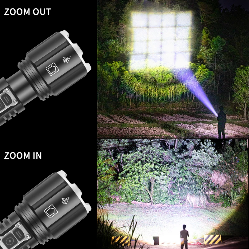 LED Flashlight XHP160 1000,000LM Double Switch High-brightness Light Aluminum USB Charging Zoomable 18650 Battery Torch Lantern