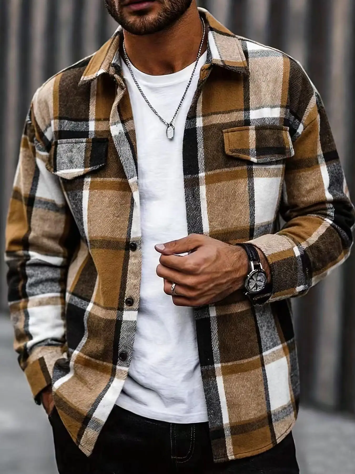 Retro Plaid Shirt Men Casual Elegant Button Up Long Sleeve Shirt Jacket For Spring Fall Business