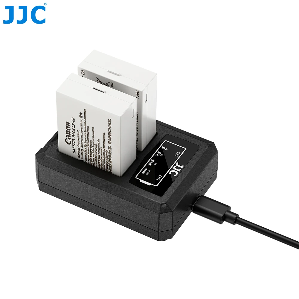 JJC LP-E8 Akkuladegerät mit zwei Ladeplätzen und Typ-C-Ladekabel für Canon EOS T5i T4i T3i T2i EOS 700D 650D 600D 550D