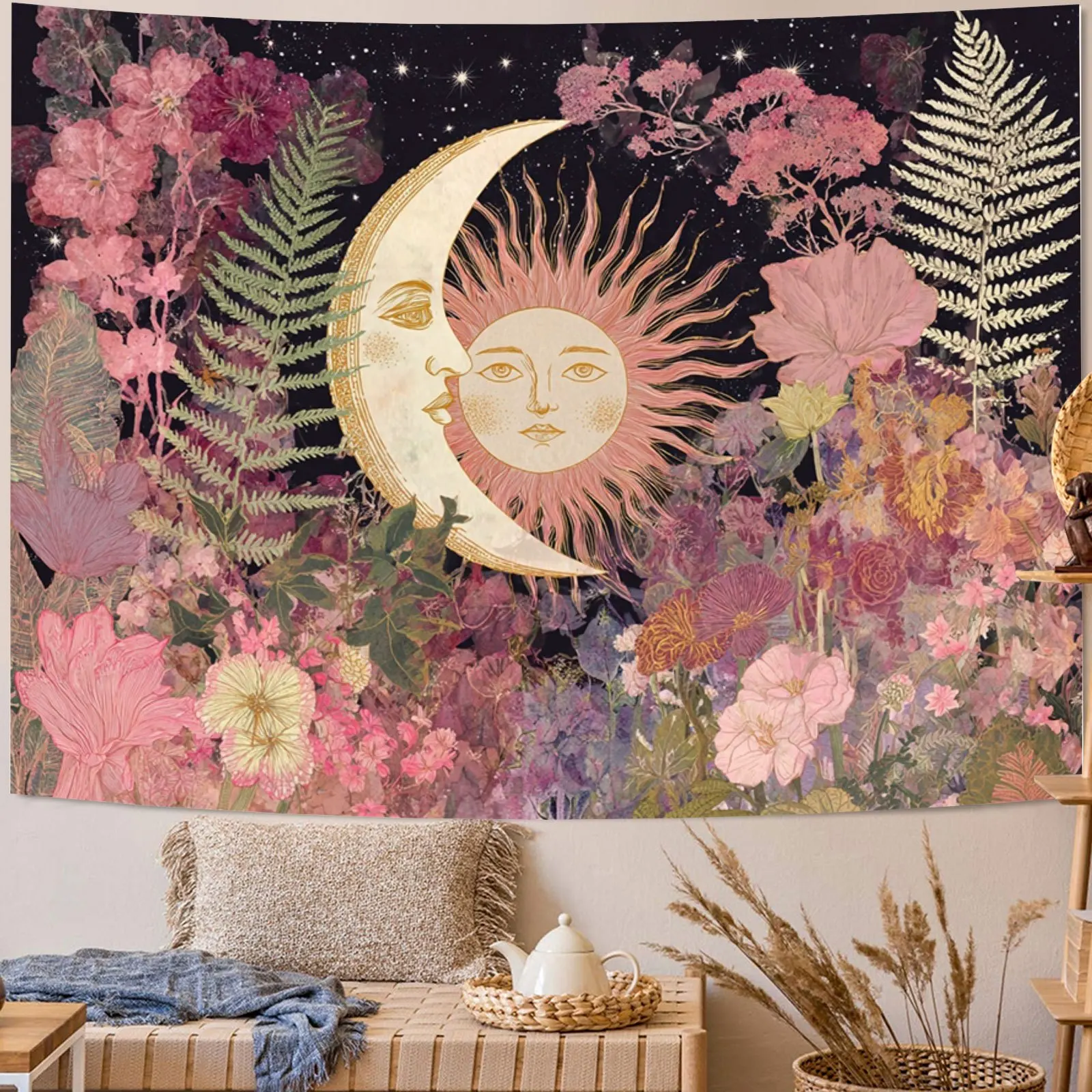 Sun and Moon Tapestry Vintage Bohemian Wall Hanging Floral Sun and Moon Dreamlike Intertwined Scene Tapestry Wall Hanging Digita