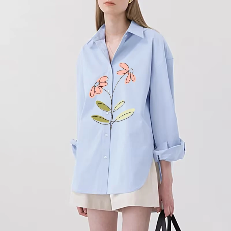 Simple Printed Long Sleeved Shirt Perfect For Spring And Autumn Fashionable Women's Clothing With Button Design Suitable