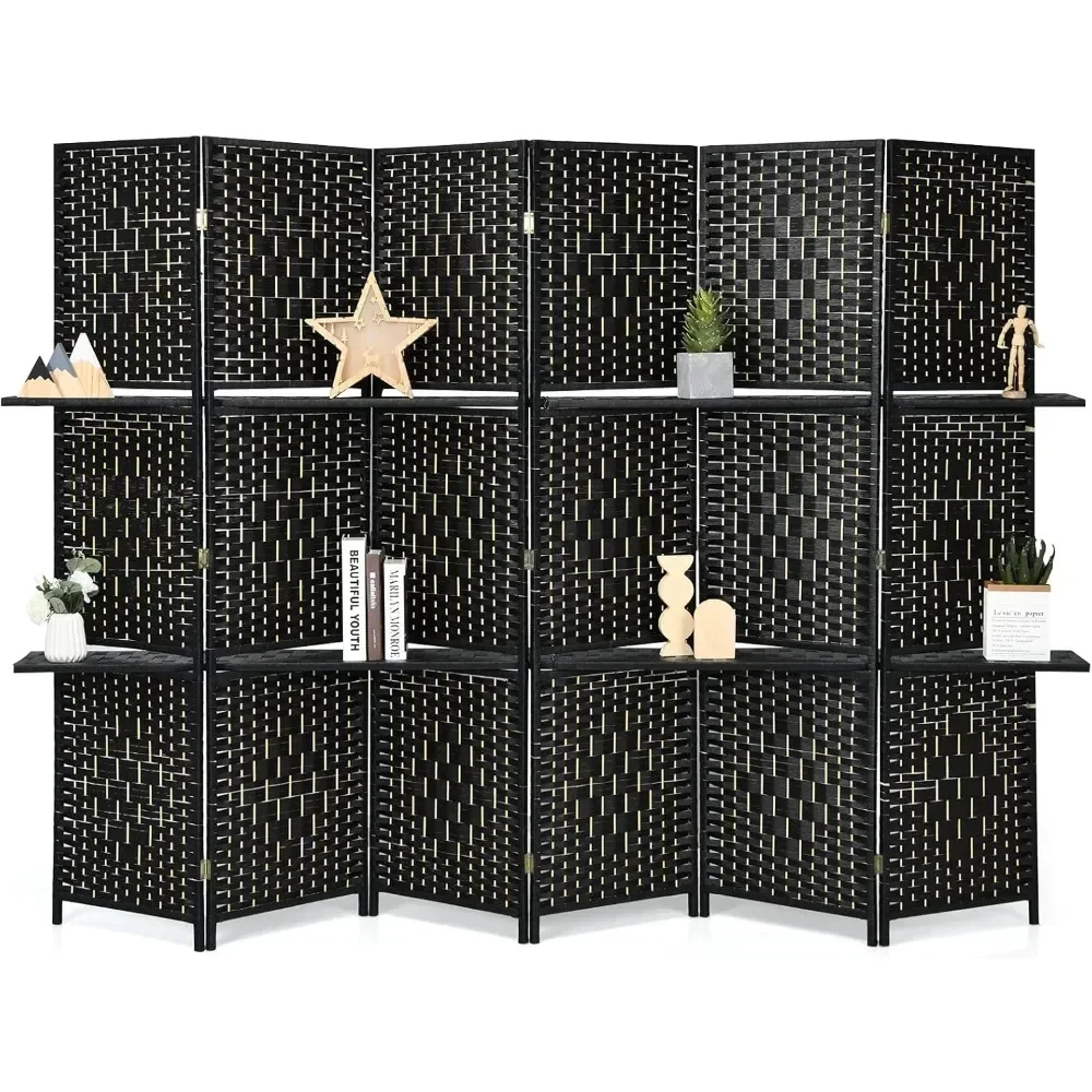 

Room Divider with Shelves, Freestanding Hand-woven Rattan Folding Privacy Screens for Room Separation