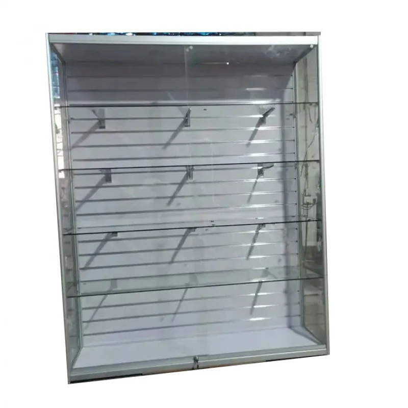 Custom. full slatwall showcase with LED lighting glass display cabinets hanging accessory products display cases