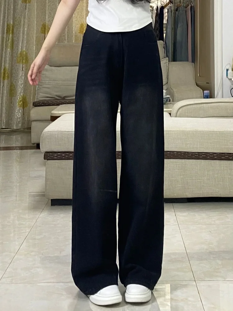 กางเกงยีนส์ทรงตรงขาบานไซส์ใหญ่สำหรับผู้หญิง  ฤดูใบไม้ร่วง ฤดูหนาว ทรงหลวม เอวสูง ช่วยให้ดูผอม  ขายาวถึงพื้น