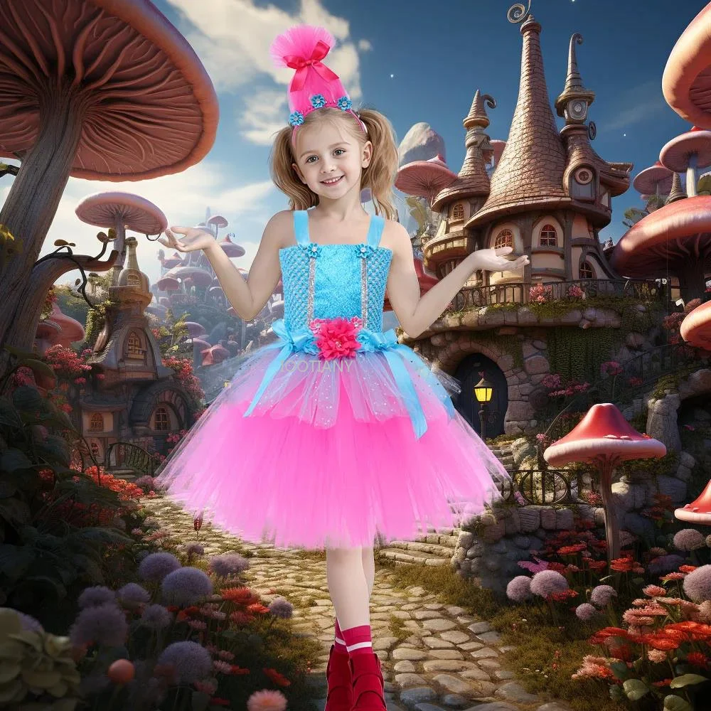 Children's Holiday Party Elf Cos Costume Floral Tutu Dress For Girl Princess Poppy Birthday Outfit Girl Fairy Flower Tulle Dress