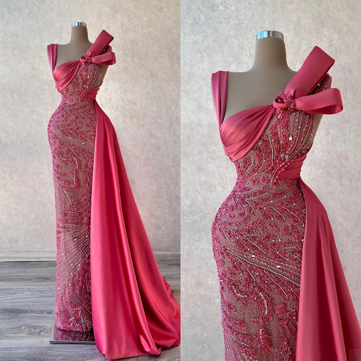 

Glamorous Pink Mermaid Prom Dress Beading Rhinestone Evening Dresses Strapless Party Gowns Custom Made