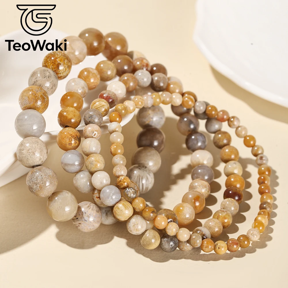 TeoWaki Natural Stone Bounce Bracelet Chrysanthemum Agate Bracelets for Women Men Elastic Rope Bangle Daily Jewelry Gift 19cm