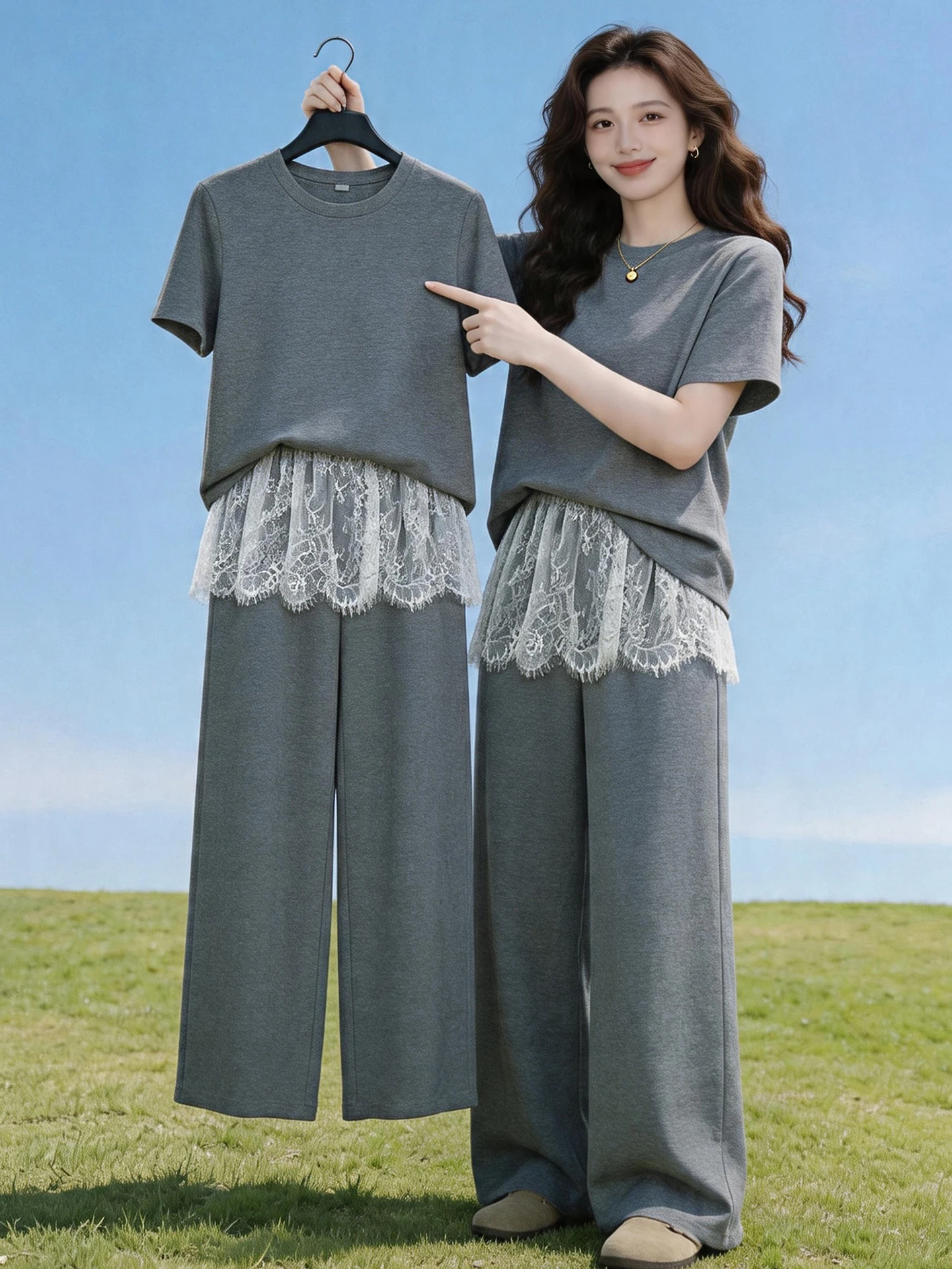

Fashionable Lace Splice Straight Leg Pants Women's Short Sleeve T-Shirt Top Set Summer New Arrival Versatile High Waist Pants