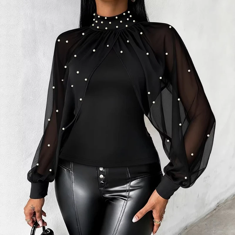 Women's Blouse Pearls Decor High Neck Chiffon Draped Cape-Style Cloak Sleeve Spliced Tee Ruched Hollow-Out Back Slim Top Spring