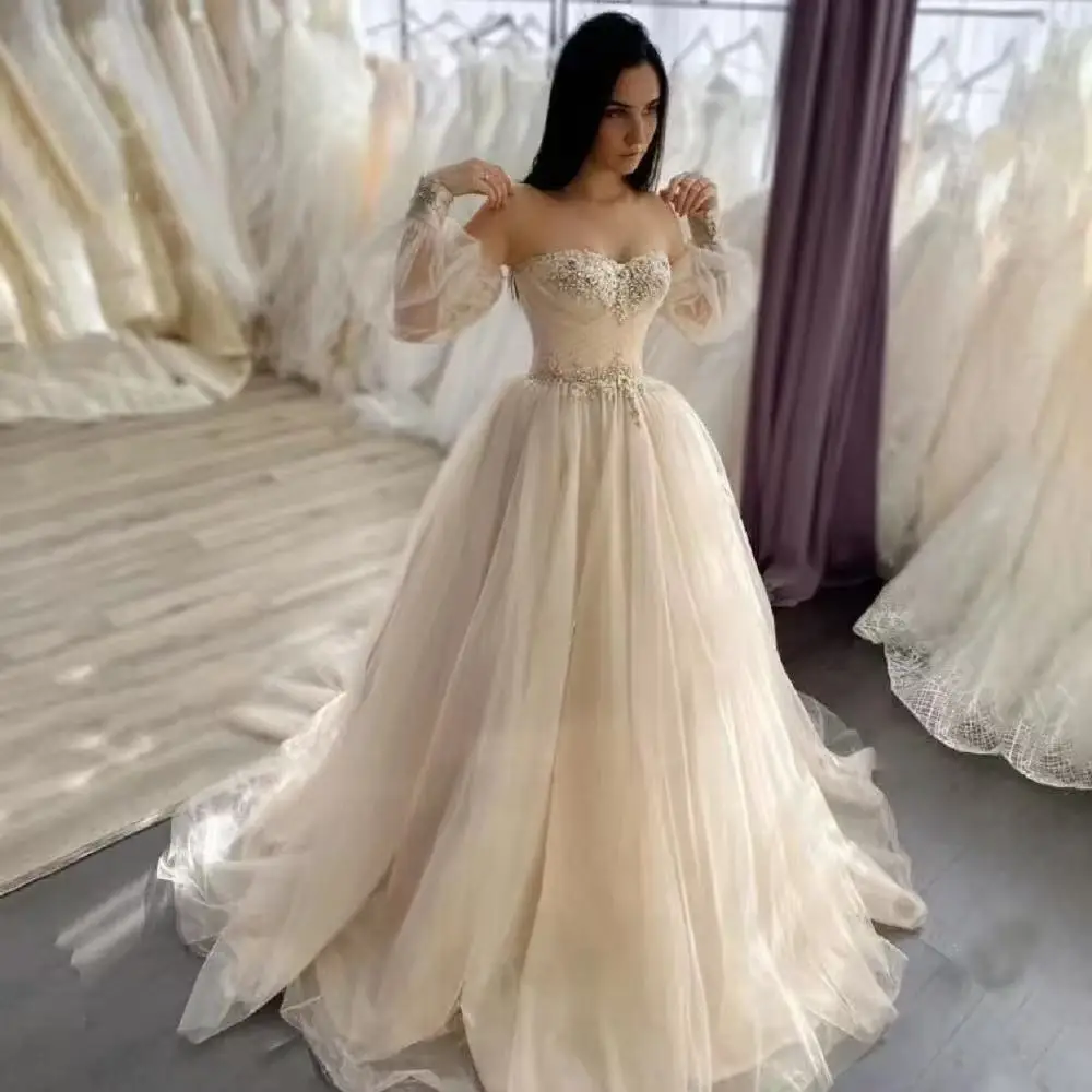 Customized Boho Wedding Dress 2026 Sweetheart Appliques Lace A-Line Puffy Sleeves Princess Elegant Wedding Gown Bride Dresses