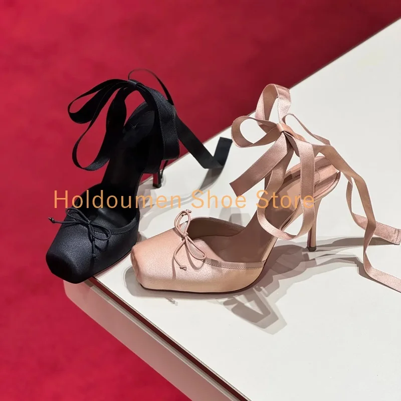 

Women's Square Toe Bow Decor Ribbon Wrap Stiletto Sandals Platform Slingback Sweet Ballet Shoes Banquet Party Dress High Heels