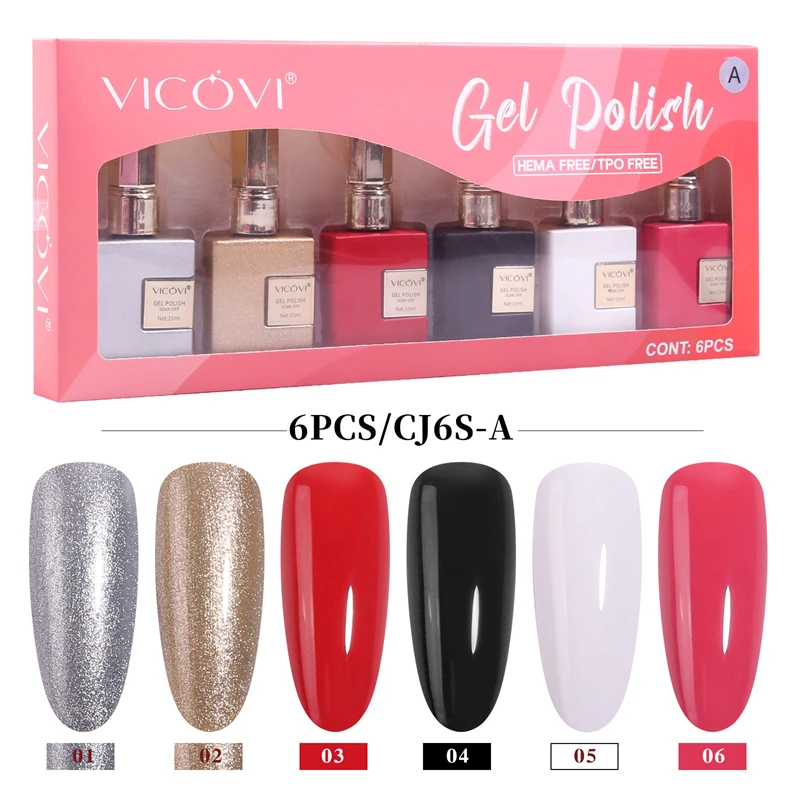 6 pezzi di smalto per unghie non impostato Capodanno semi permanente ibrido nero colore rosso smalto gel San Valentino popolare Natale tinta unita