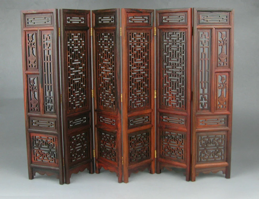 

9.7 inches H small Rosewood Folding Screen Byobu Carved Flower Design Folding