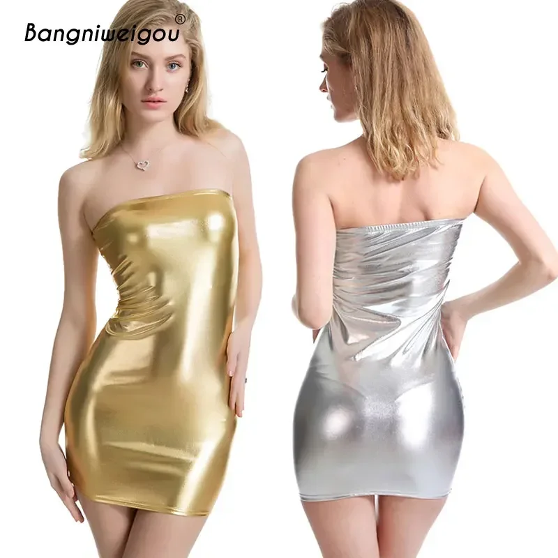 

Bangniweigou 6colors Metallic Gold Silver PVC Dress Sexy Women PU Leather Clubwear Bandage Tube Mini Dress Nightout Party Dress