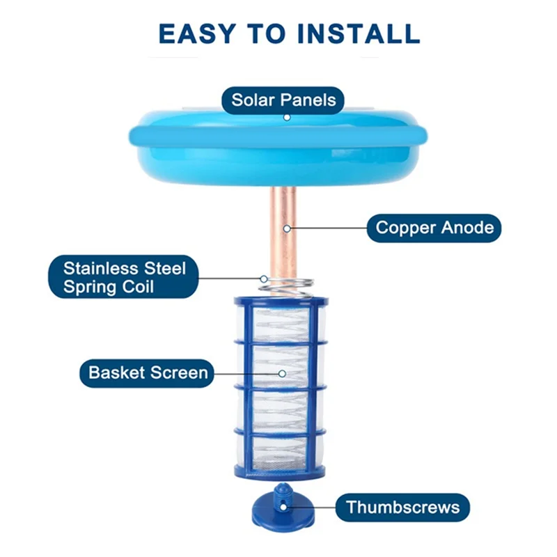 ABHU حمام سباحة يعمل بالطاقة الشمسية مؤين نحاسي فضي لتنقية حمام السباحة مقاومة الطحالب منخفضة الكلور لتنقية السباحة في الهواء الطلق