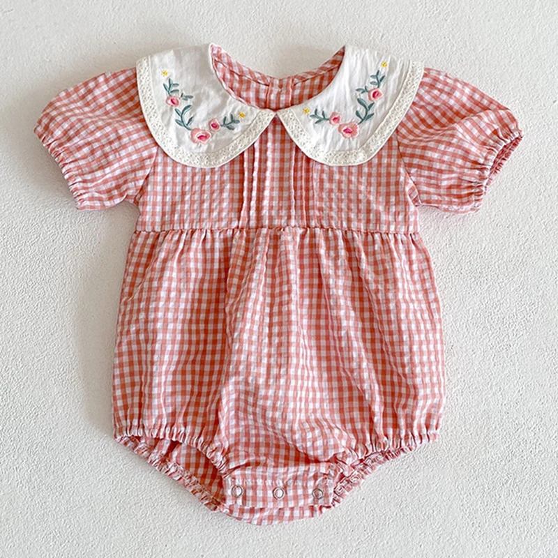 2024 Toddler Baby Girls Rompers Embroidery Bodysuit Girls Jumpsuits Princess Girls Pink Grid Rompers Toddler Summer Clothing