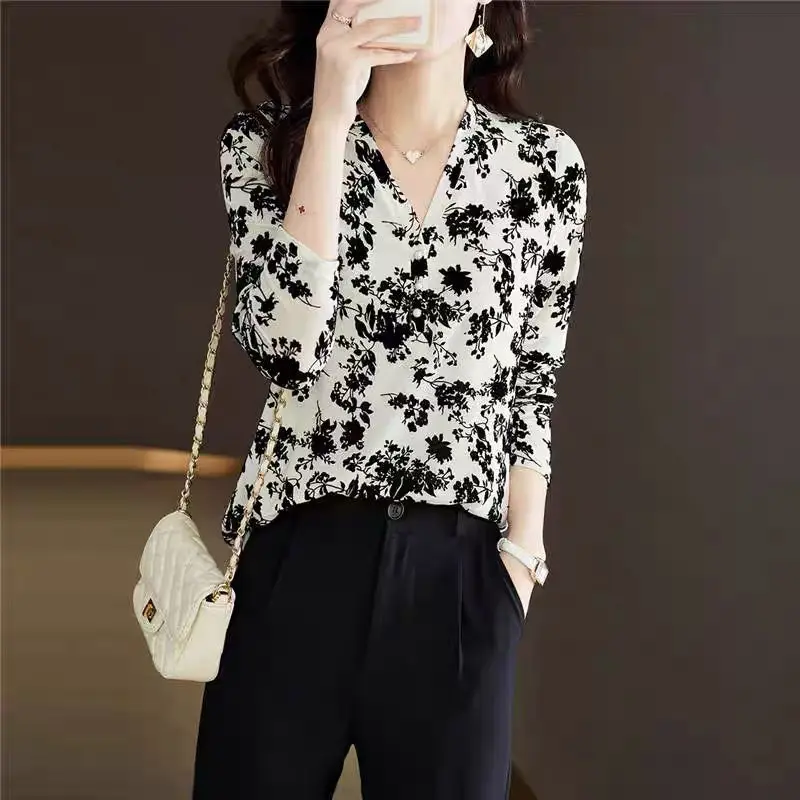 Spring Autum Print Elegant Fashion Chiffon Shirt Women Long-sleeved V-neck Lady Tops Aesthetic Chic All Match Pullover Female