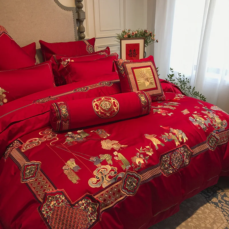 Four-piece satin cotton embroidered wedding bedding Baizi Tianxi