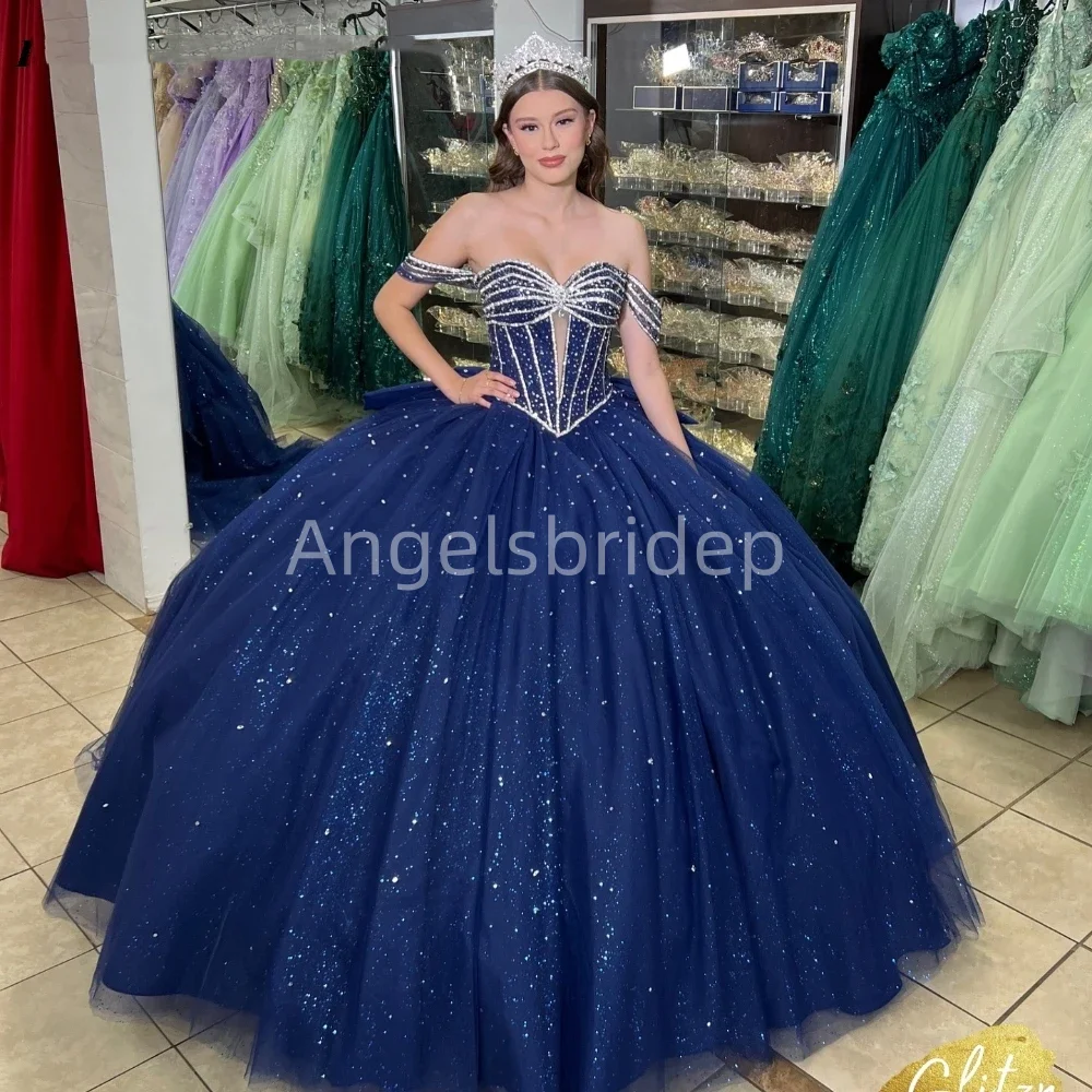 

Angelsbride Mexican Brithday Party Vestidos De Fiesta Navy Blue Sparkly Tulle Ball Gown Quinnceanera Dresses With Bow