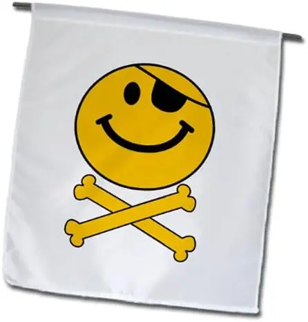 3dRose fl_113097_1 Pirate Smiley Face Yellow Happy Jolly Roger Flag Skull and Crossbones Smilie with Eye Patch-White Garden Flag