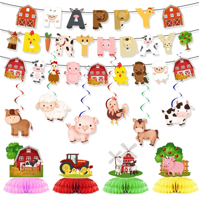 New Farm Animal Theme Party Decoration Children's Birthday Decoration Flag Pulling Vortex Balloon Set for Festival Celebration