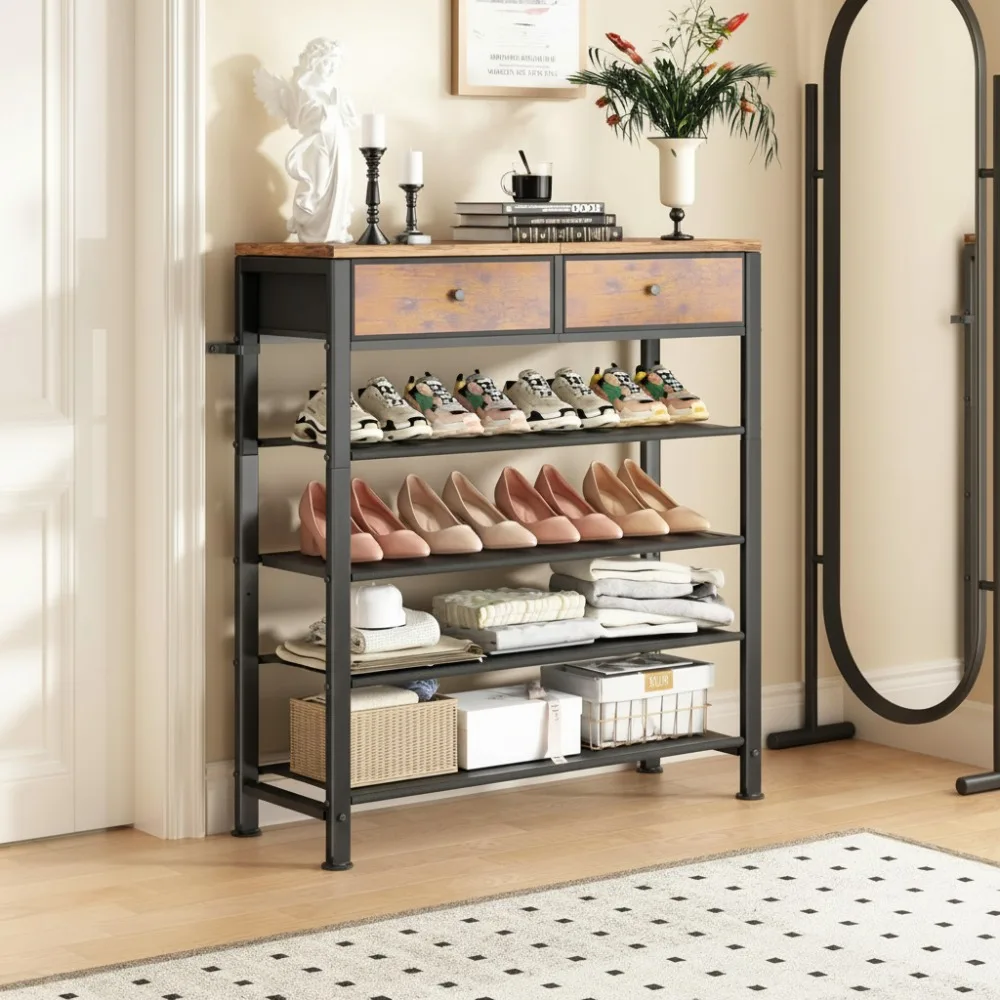 

5-Tier Shoe Organizer with 2 Drawers & Wooden Top, Rustic Brown Storage for 12-16 Pairs, Space-Saving Entryway Rack