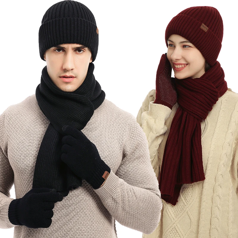 

Winter European and American Fashion Trend Solid Color Men's and Women's Knitted Hat, Scarf, Gloves, and Warm Three Piece Set