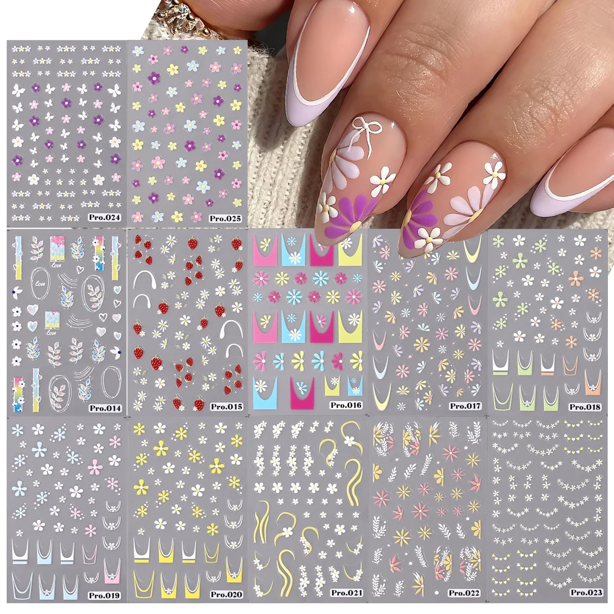 4/6/8 stücke Einfache Kleine Blume Matte Nagel Aufkleber Set Gänseblümchen Schmetterling Geometrie Blatt Klebe Aufkleber Elegante Blumen Französisch maniküre