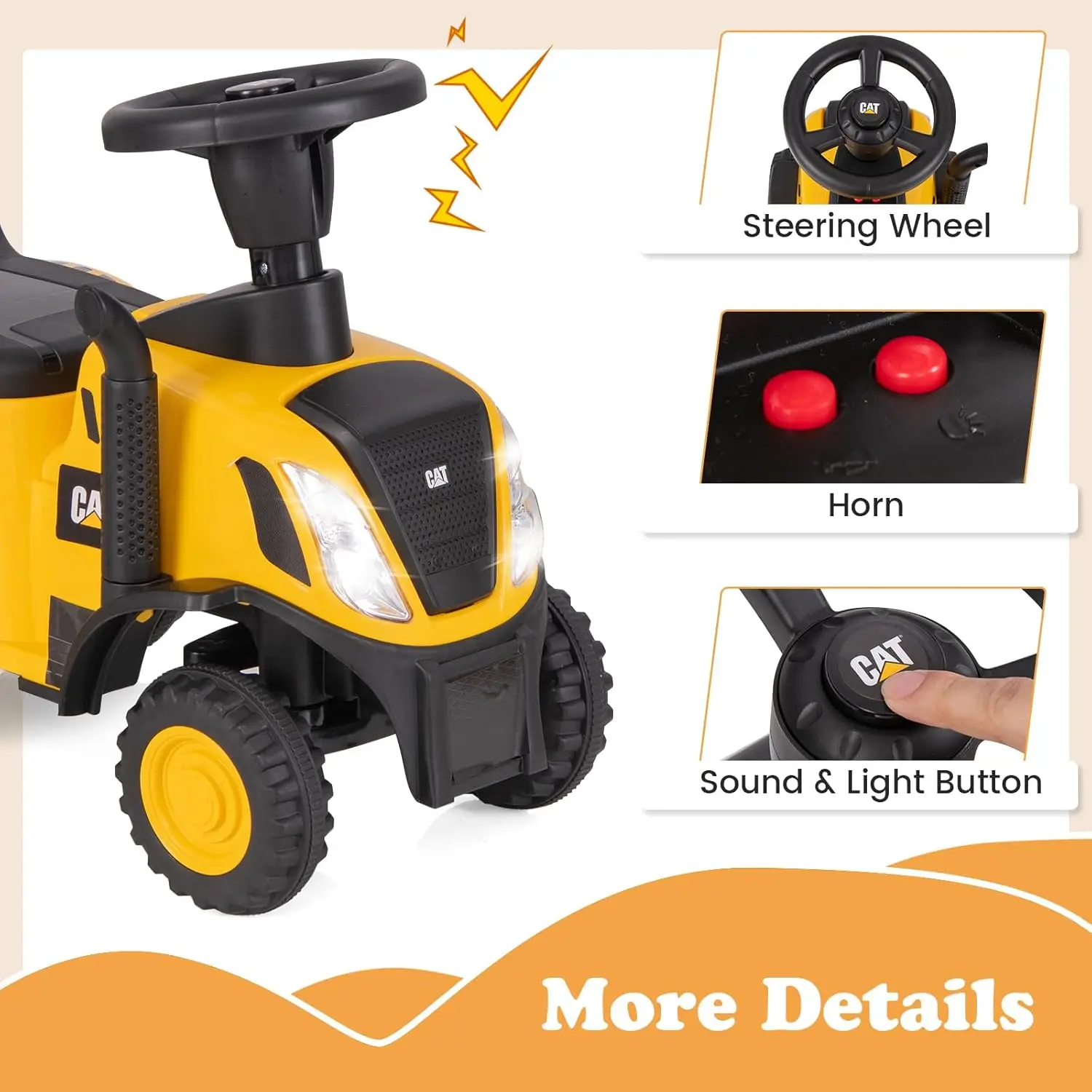 Passeio Caterpillar licenciado no trator, passeio 2 em 1 em carro push com reboque removível, farol, buzina, ancinho, pá, pé para fl