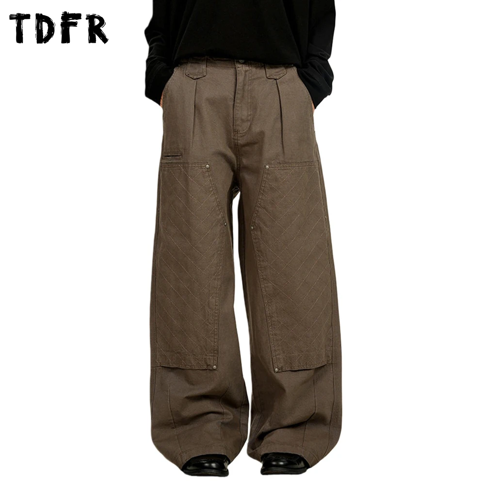 

Retro Spliced Carpenter pant Mens Embroidery with Rivets Cargo Straight Baggy Casual Wide Leg Trousers Man