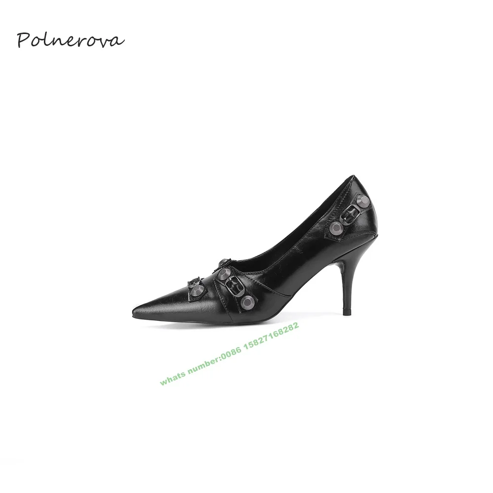 Metal Rivet Buckle Decoration Pumps Pointed Toe Thin High Heel Pumps Shallow Dress Career Shoes for Women 2023 Autumn Newest