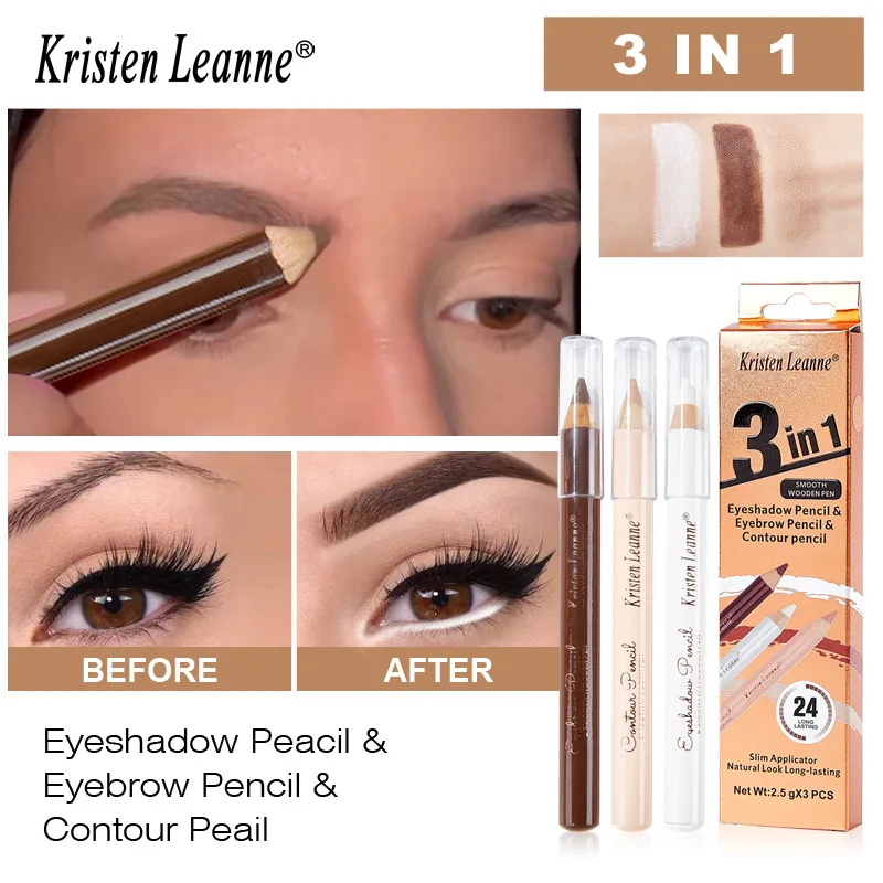Lápiz de sombra de ojos 3 en 1, lápiz de cejas, juego de lápices de contorno, marrón, resistente al agua, maquillaje coreano de larga duración para mujer, tinte de cejas
