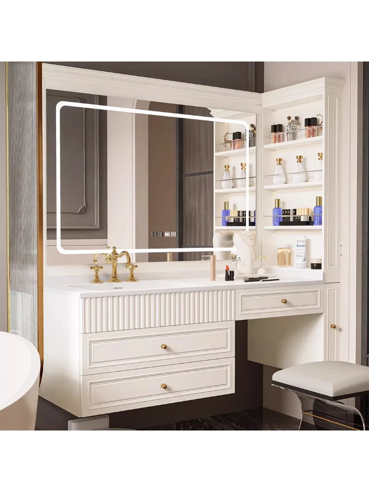 

French retro style Corian rock slab integrated basin rubber wood bathroom cabinet combination washstand