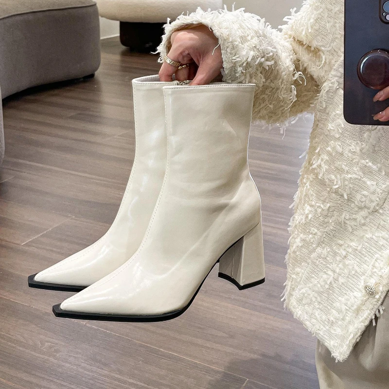 Pointed Toe Women Ankle Boots Fashion Elegant Soft Leather Shoes Thick Heel Women's Modern Short Booties image 2