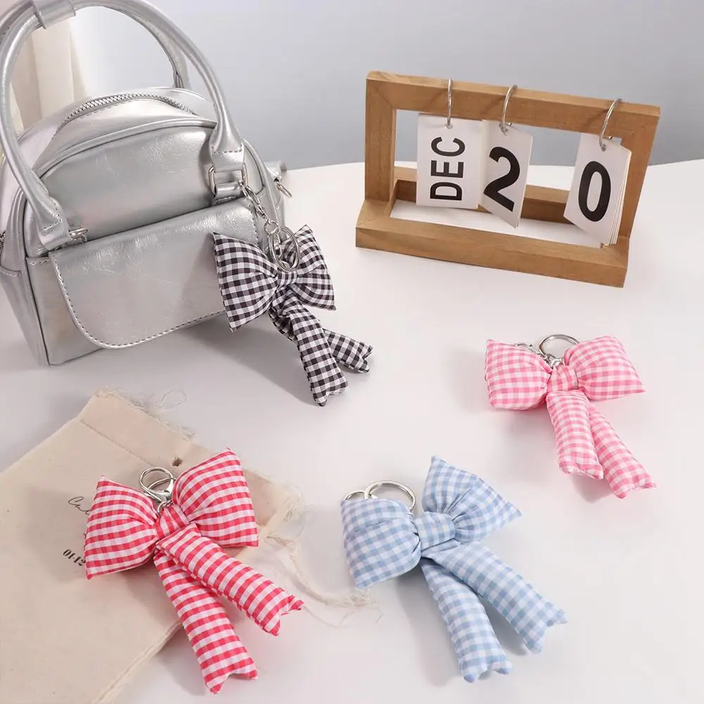 Grid Bow Bag Pendant Cotton Filled Korean Style 3D Bowknot Keychain Backpack Decoration Balletcore Y2k Bag Hanging Girls