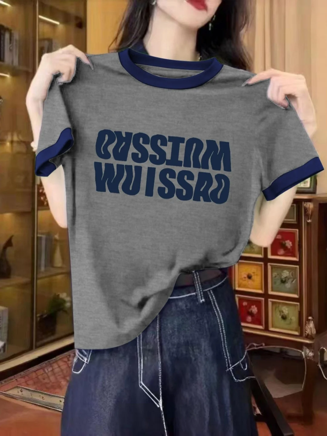 루즈핏 그레이 반팔 티셔츠 여성 여름 캐주얼 스타일 컬러 블록 디자인 슬리밍 효과 편안한 코튼 탑