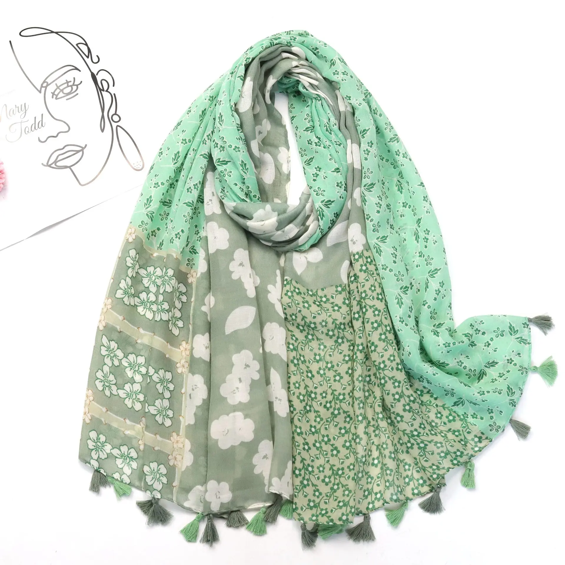 2022 Spring Flower Pattern Tassel Scarf Shawls Long Soft Floral Wrap Hijab Scarves 6 Color Free Shipping