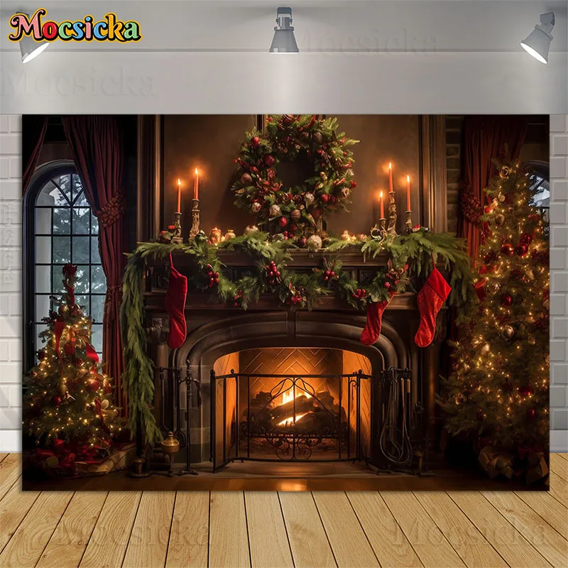 

Christmas Fireplace Photography Backdrops Kids Family Portrait Photocall Xmas Wreath Red Socks Pine Tree Background Winter Props