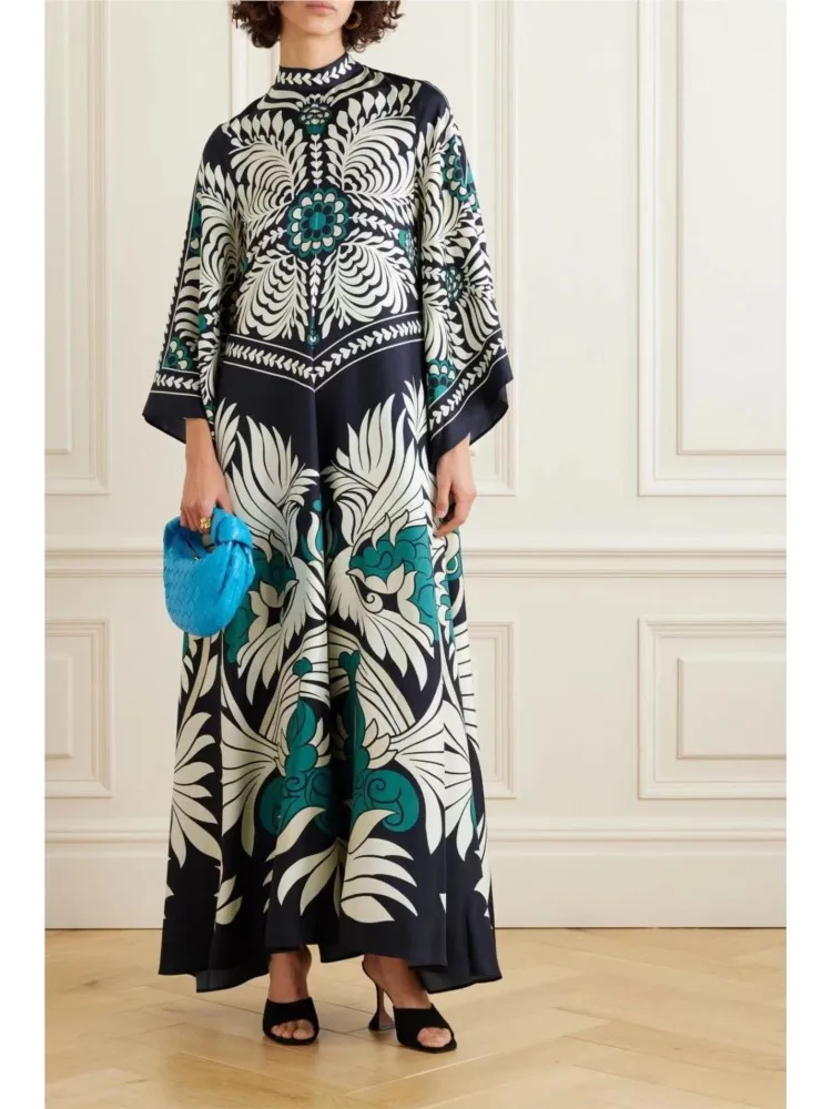 Vestido largo bohemio con estampado de primavera para mujer, vestido Sexy de fiesta con cordones y cuello levantado, vestidos largos holgados de manga larga Retro étnicos de otoño para mujer