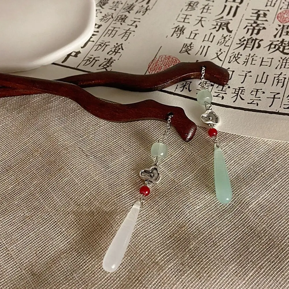 

New Chinese Style Imitation Jade Water Drop Wood Hairpin Classical Temperament Tassel Hair Sticks Headdress Hair Accessories