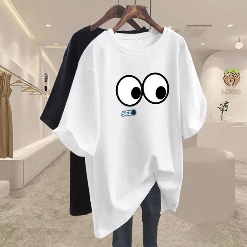 Women Clothing Lovely Eye Print Basic Tshirt Summer Fashion 100 Cotton O-neck Short Sleeve Top Tee Casua Loose Pullover 45-105Kg