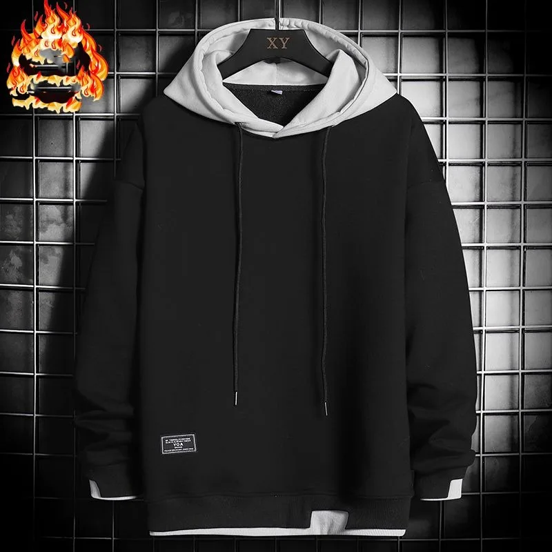 Fake Two-piece Hoodie Men's Autumn Winter New Youth Trend Hooded Drawstring Solid Color Long Sleeve Pullover Patchwork Slim Tops