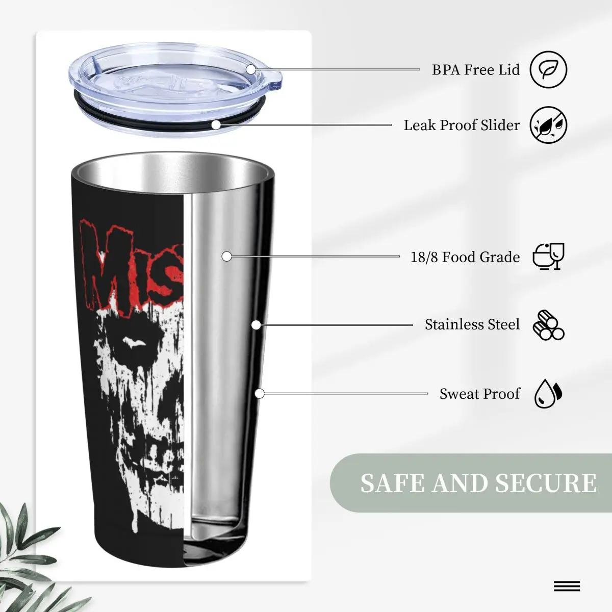 Misfits-vaso de acero inoxidable con tapa y pajita para Halloween, taza térmica con aislamiento al vacío, para oficina y hogar, 20 Oz