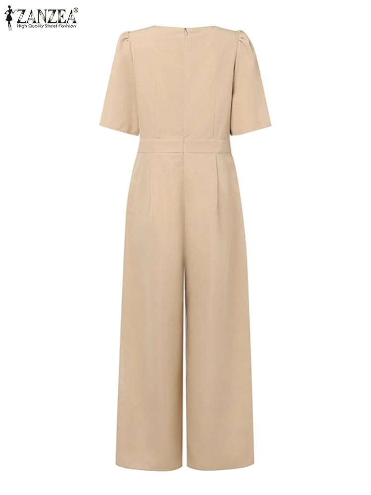 2025 ZANZEA ฤดูร้อนสแควร์คอสั้นแขนเสื้อผู้หญิง OL ทํางานขากว้าง Jumpsuits Solid Overalls Casual Playsuits